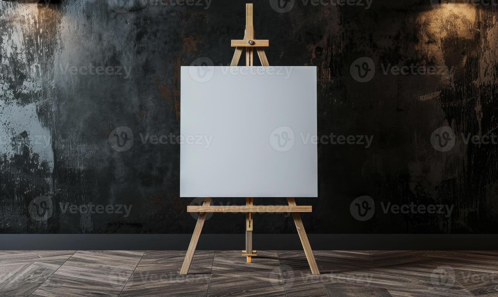 AI generated Blank canvas hanging on a wooden easel standing against gray wall in a room with plants photo