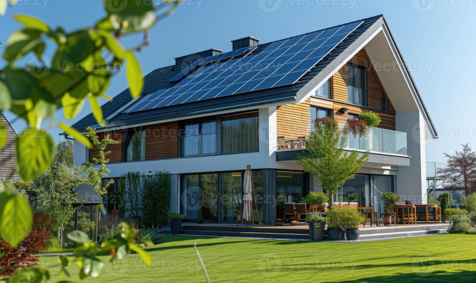 AI generated Modern house with solar panels installed on the roof. Modern house with solar panels installed on the roof. photo