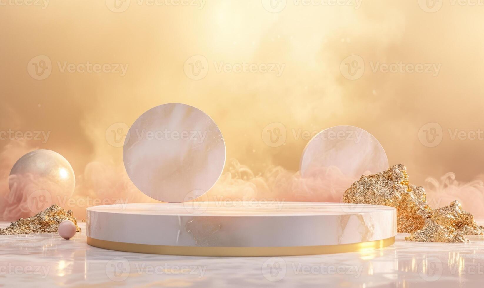 AI generated podium for product presentation. Abstract background with empty round stage with gold decoration and rose quartz. photo