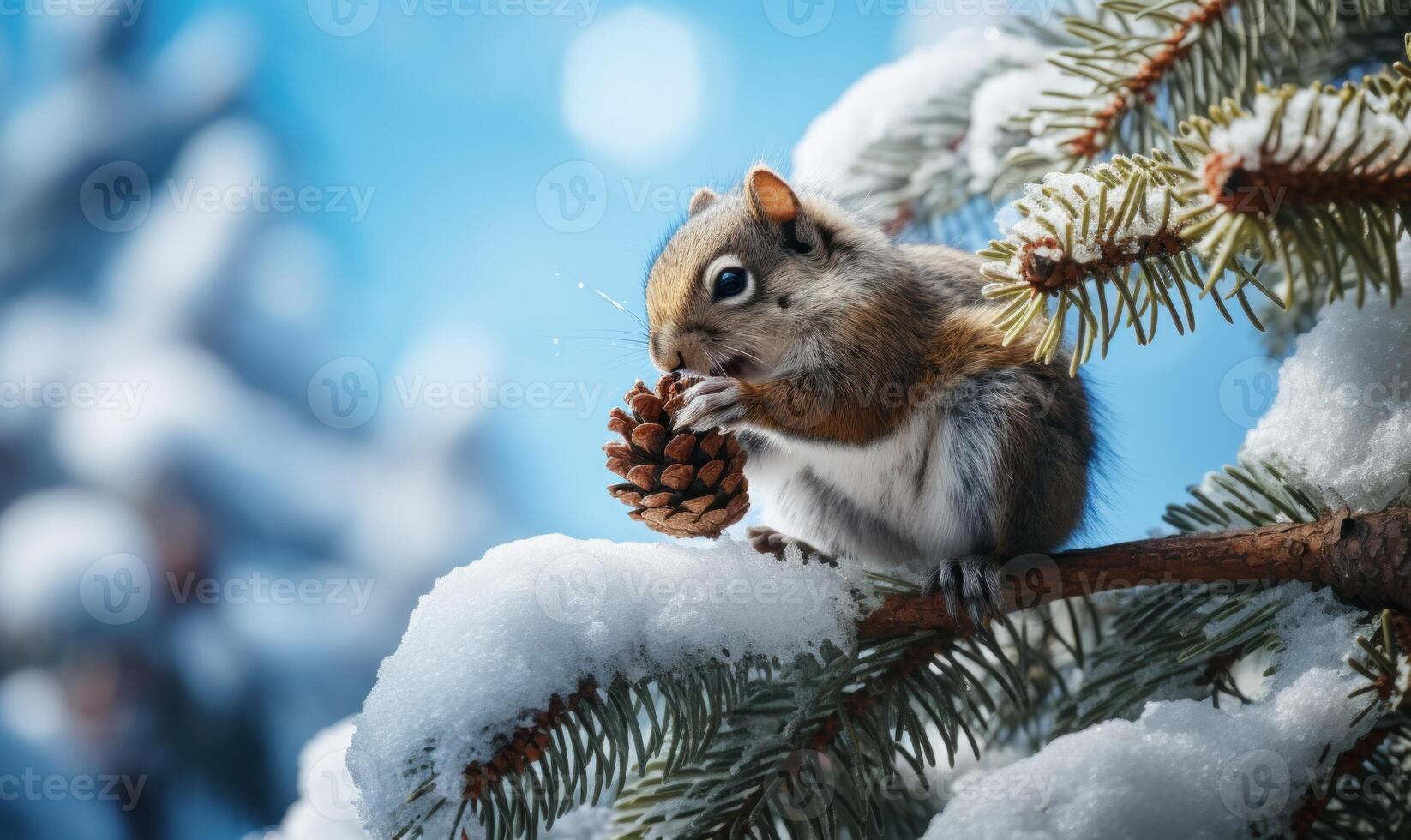 AI generated Squirrel eating a pine cone on a snowy branch with its fluffy tail photo