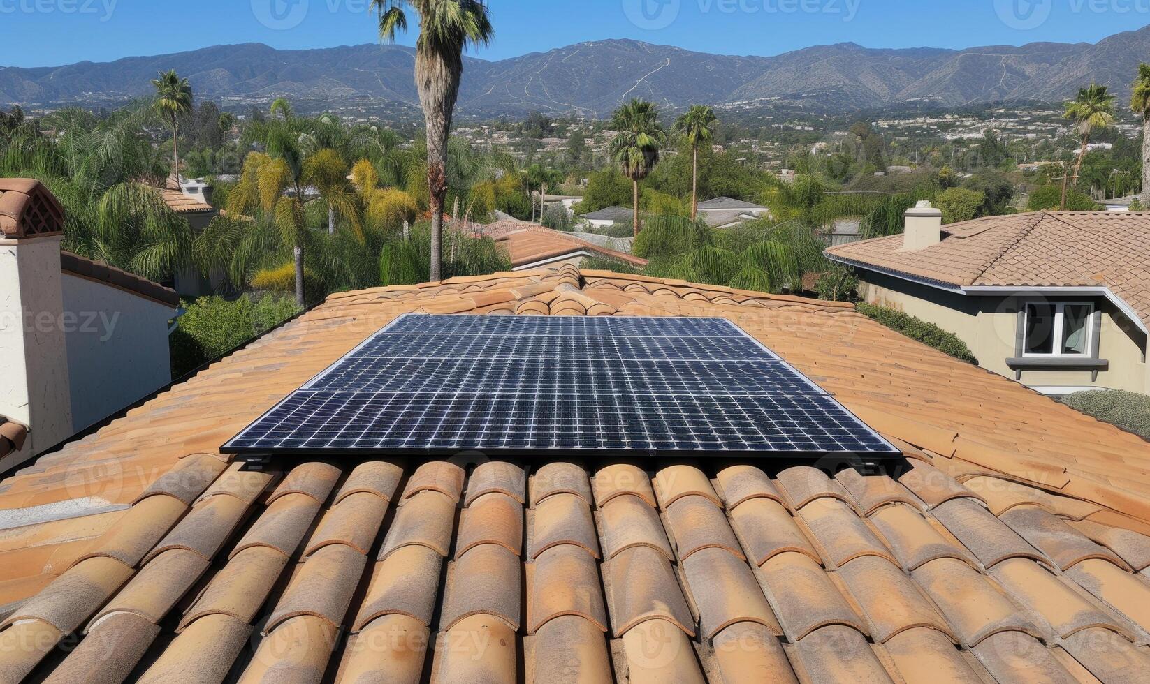 AI generated Solar panels installed on the roof of a residential building in the city. photo