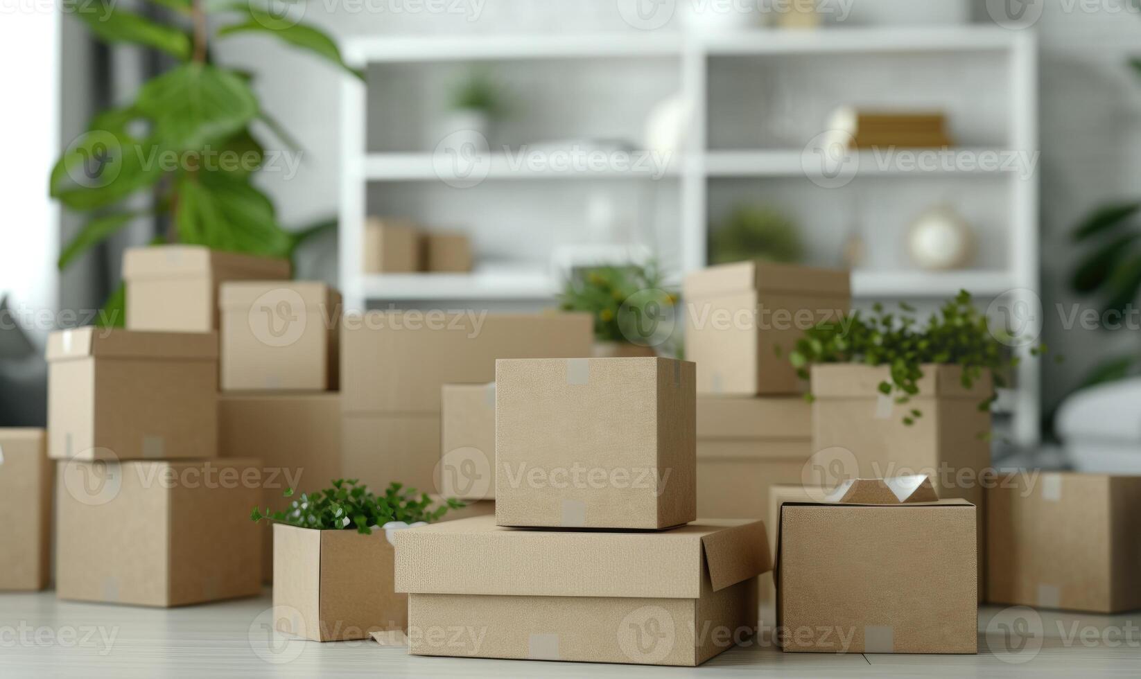 AI generated Stack of cardboard boxes in white room with sunlight. Space for text. Box mockup on white photo