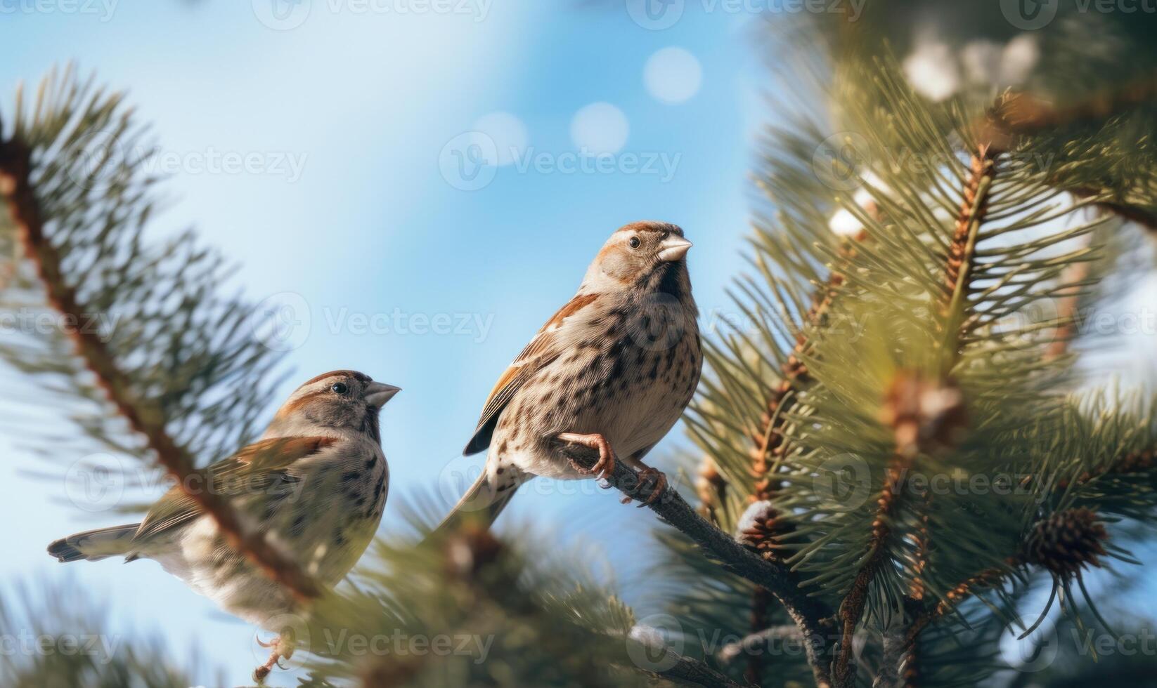 AI generated sparrows sitting on the spruce branch photo