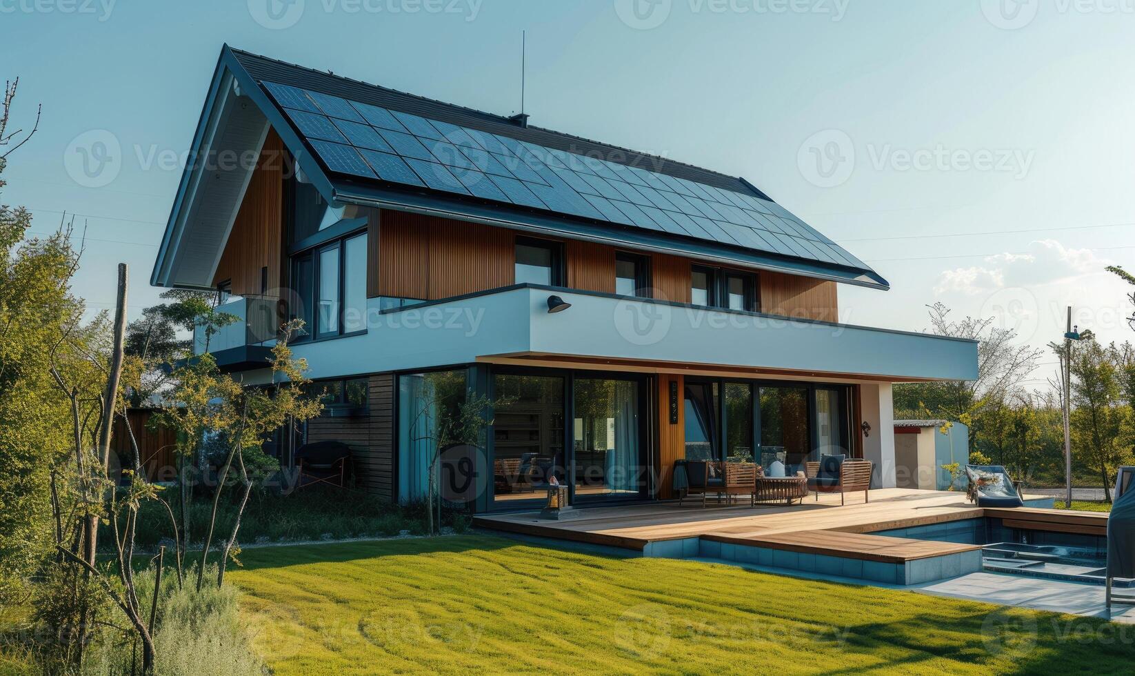 AI generated Modern house with solar panels installed on the roof. Modern house with solar panels installed on the roof. photo