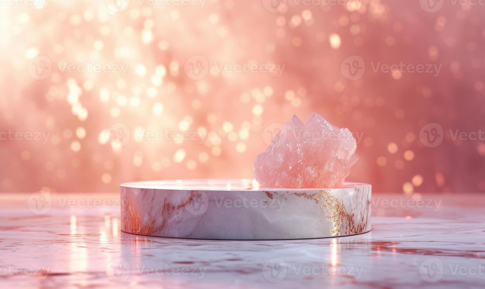 AI generated Pink marble podium with shadow of leaves and rose quartz texture background photo