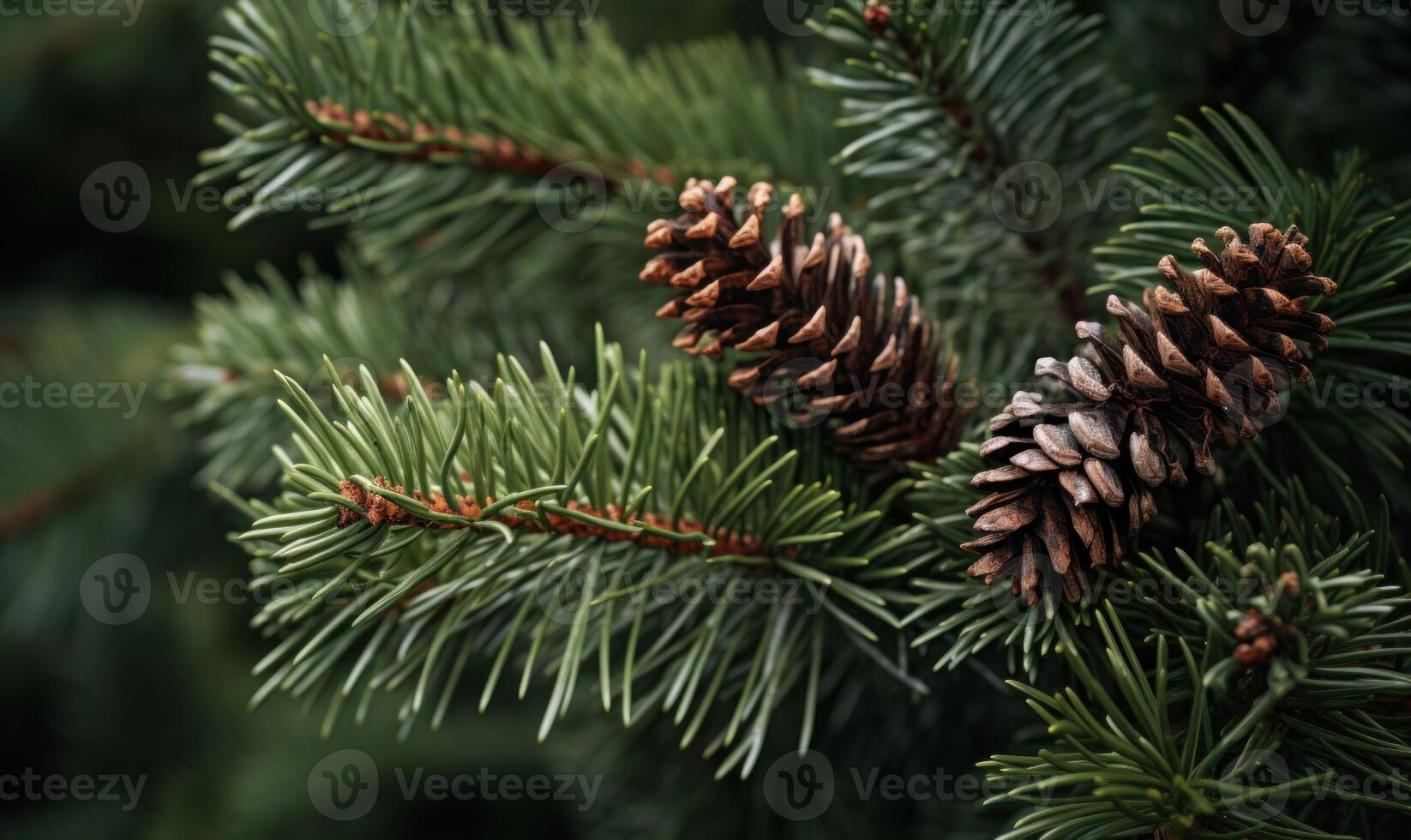 AI generated Spruce branches with cones and red berries. Blurred background. photo