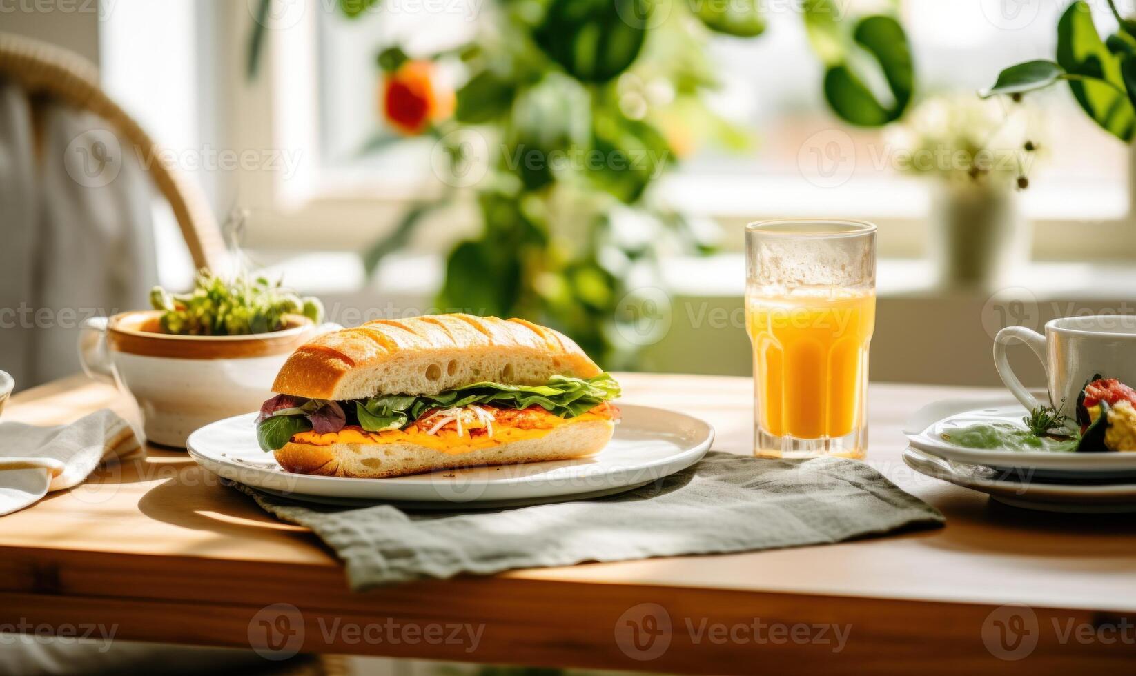 AI generated Sandwich with cheese, salad and orange juice on a wooden table photo
