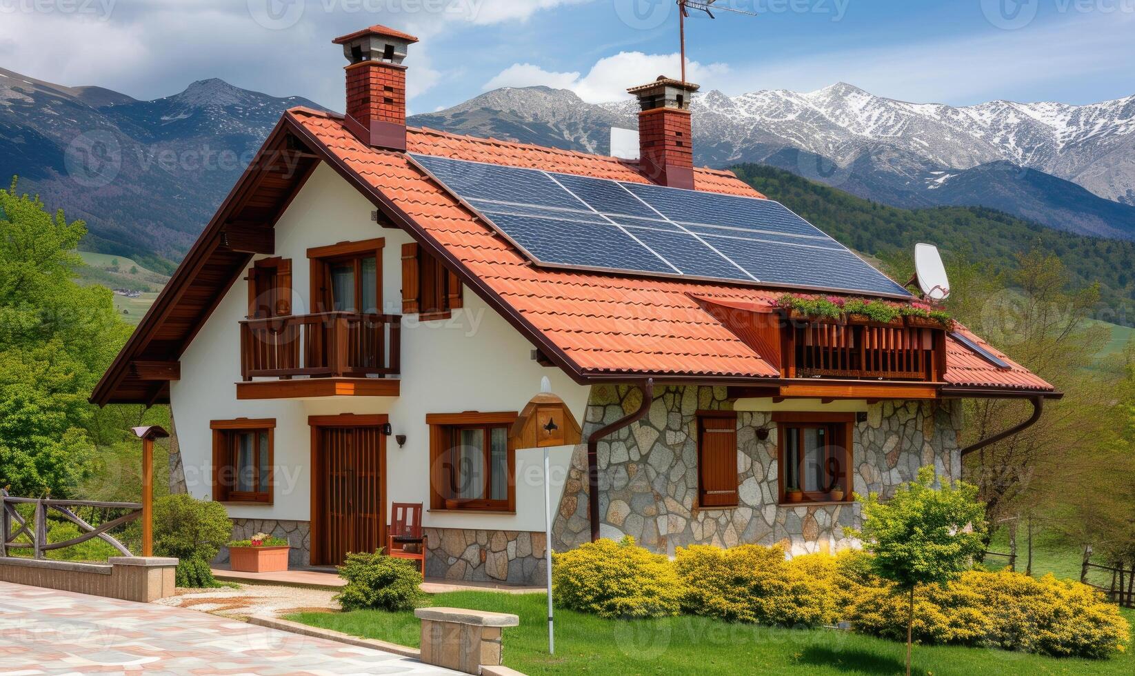 AI generated Modern house with solar panels on roof and mountains in the background. photo
