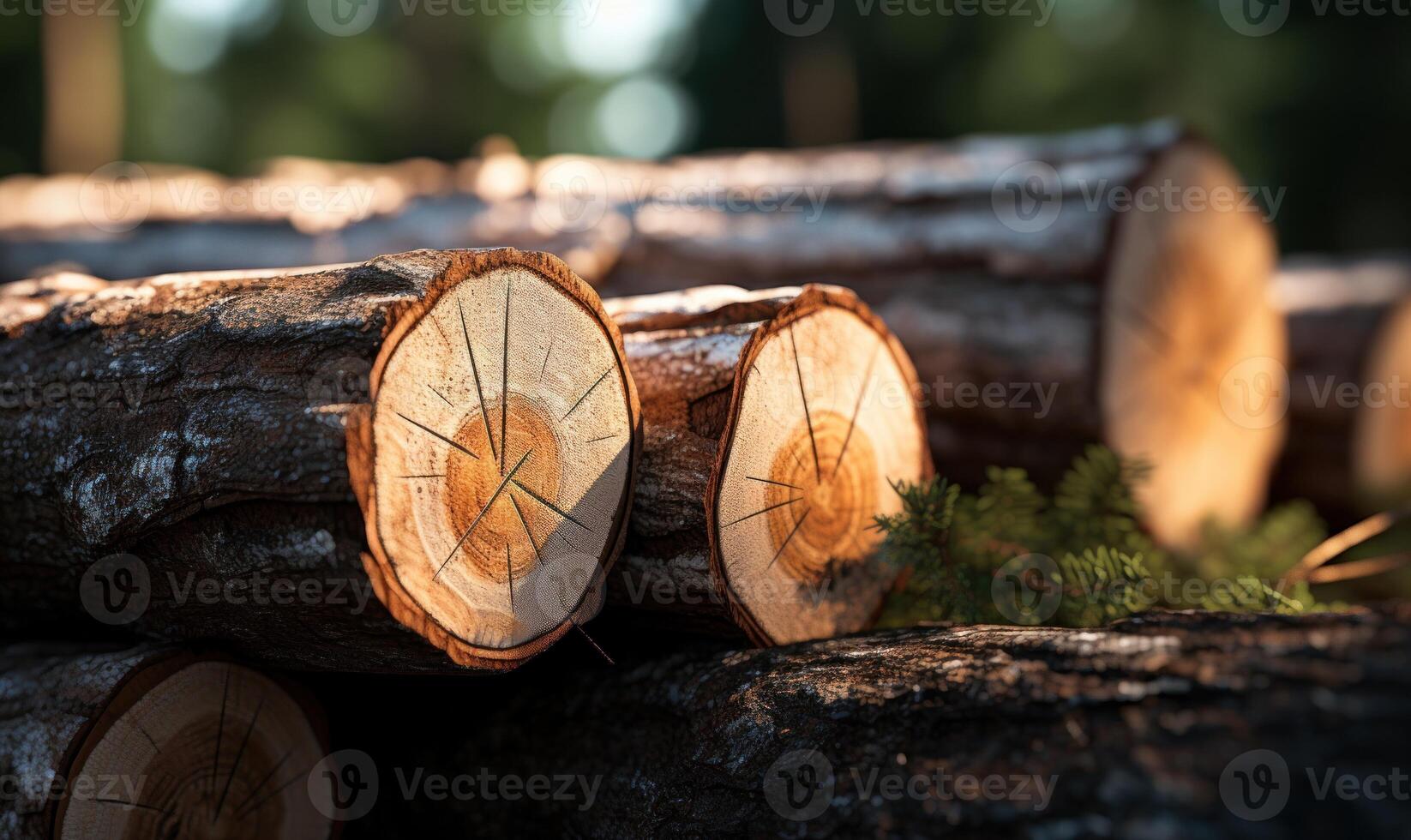 AI generated Pile of cut tree trunks in forest, closeup view photo
