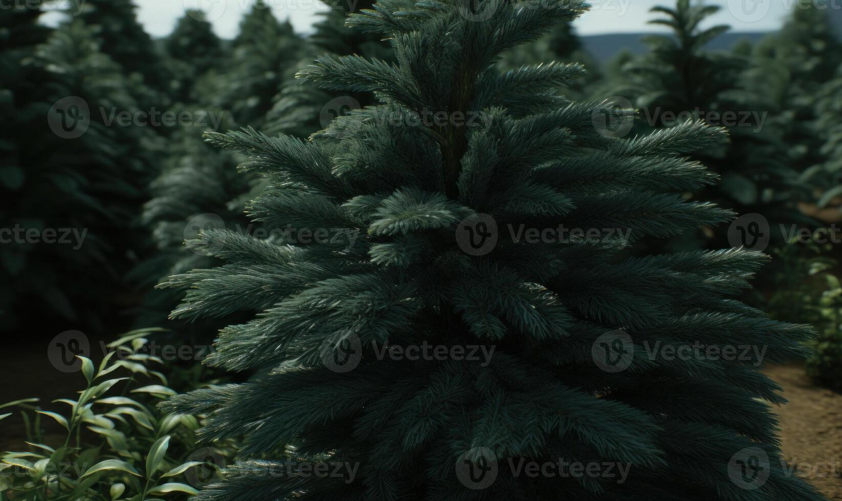 AI generated Pine trees in the garden. Shallow depth of field. photo