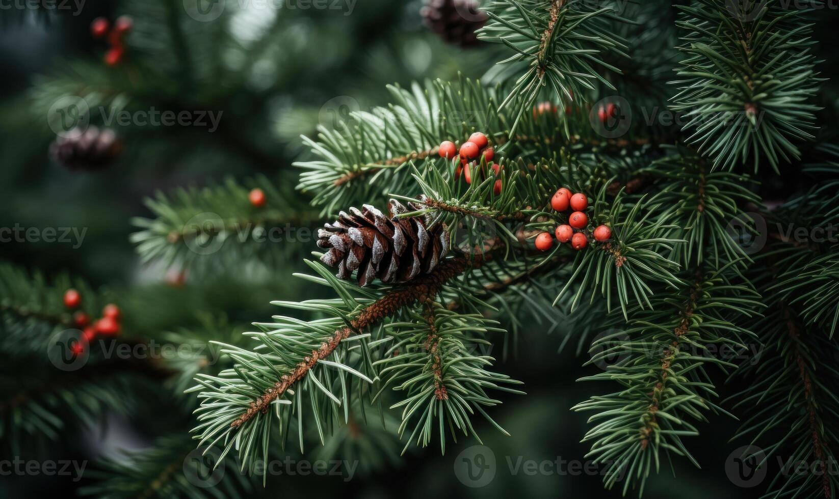 AI generated Spruce branches with cones and red berries. Blurred background. photo