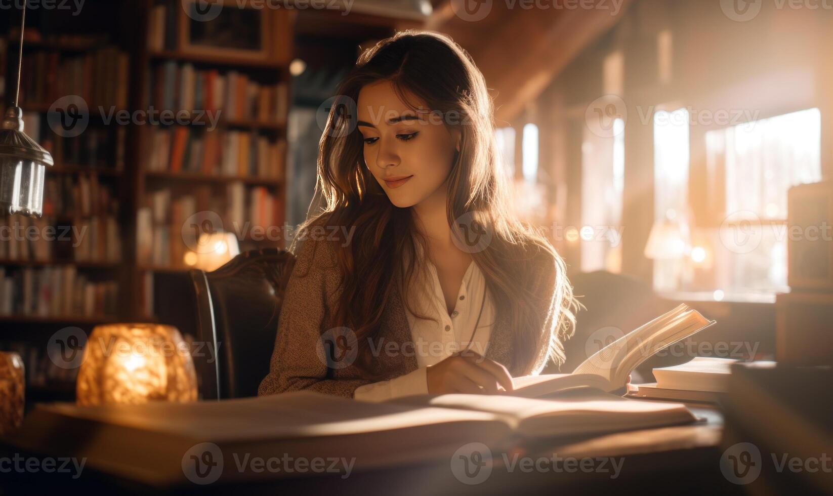 AI generated beautiful young woman indoors in library reading book. photo