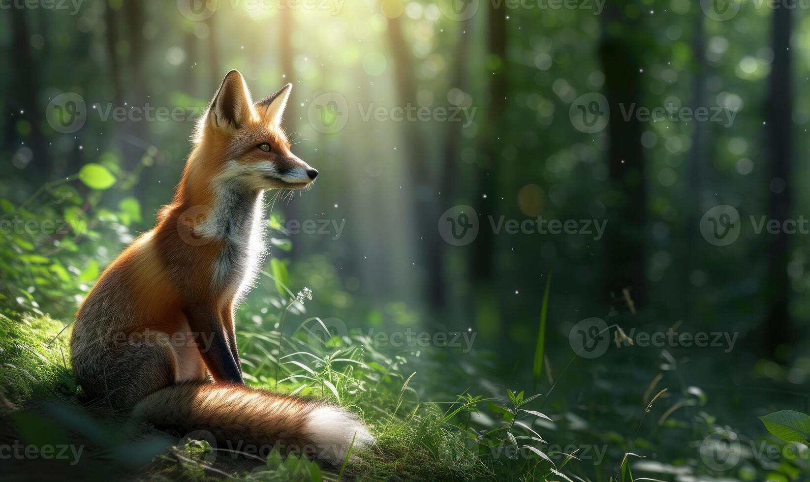 AI generated Red fox sitting on the grass in the forest photo