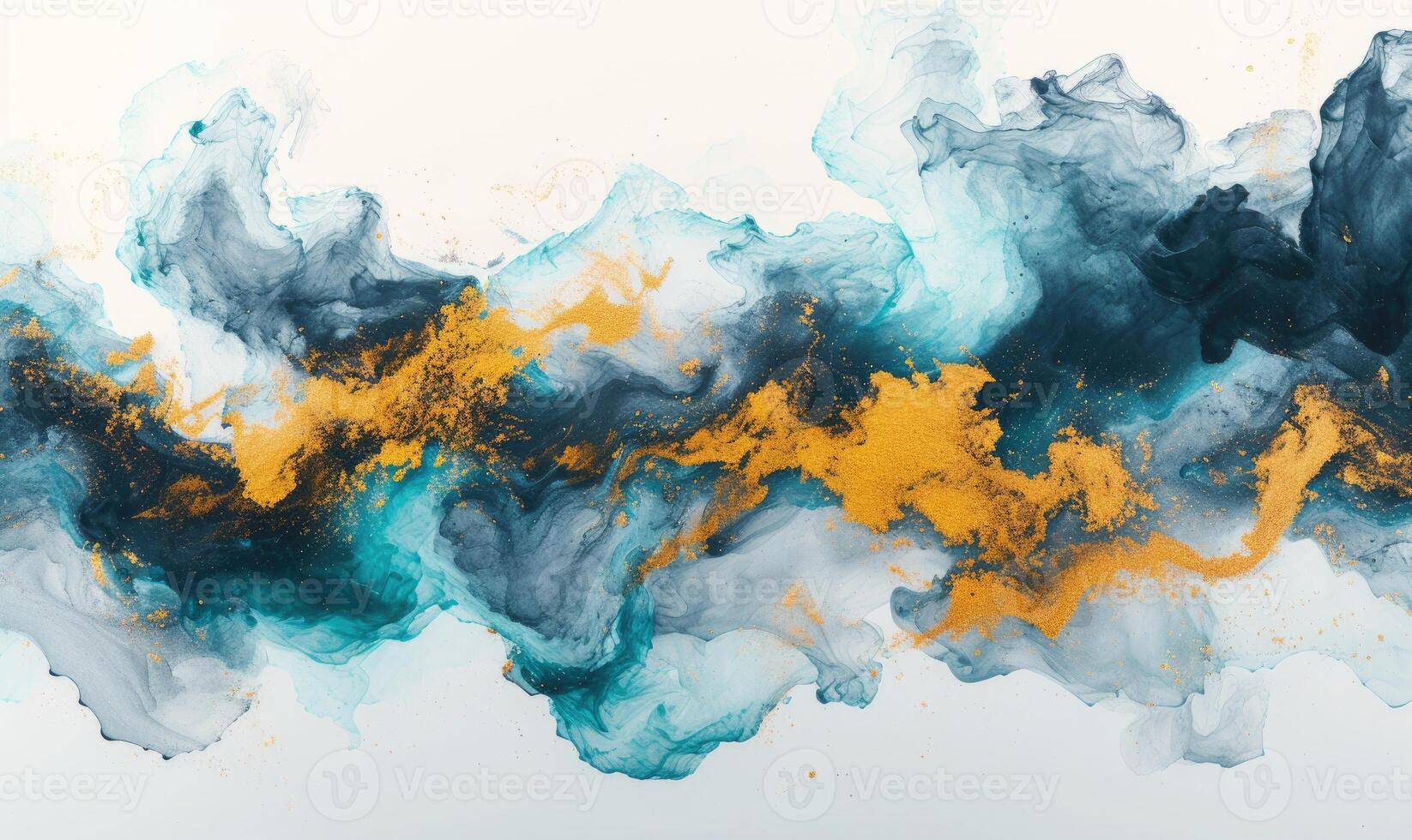 AI generated Blue and gold ink in water on white background. Ink in water. photo