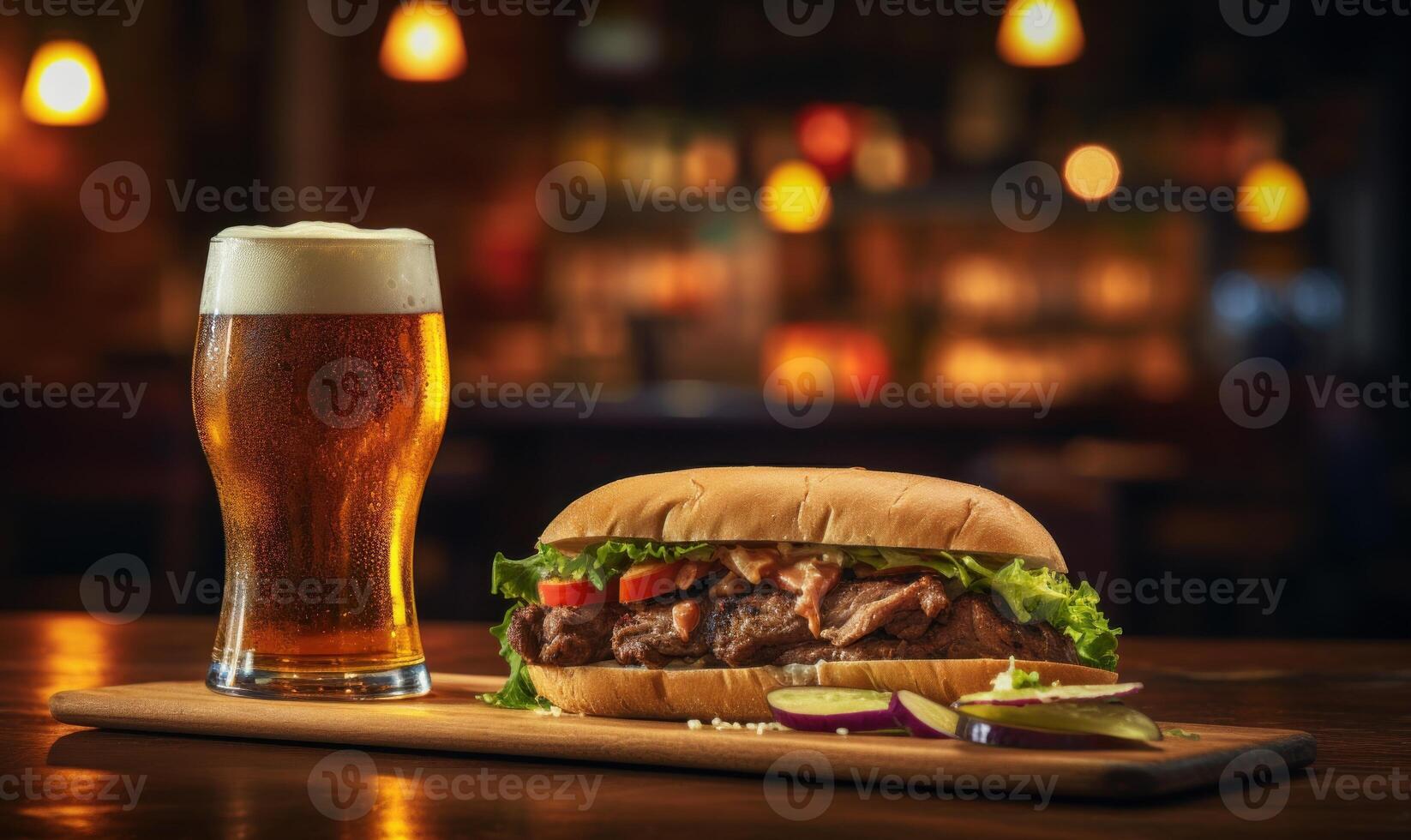 ai generado hamburguesa con francés papas fritas y un vaso de cerveza en un pub foto