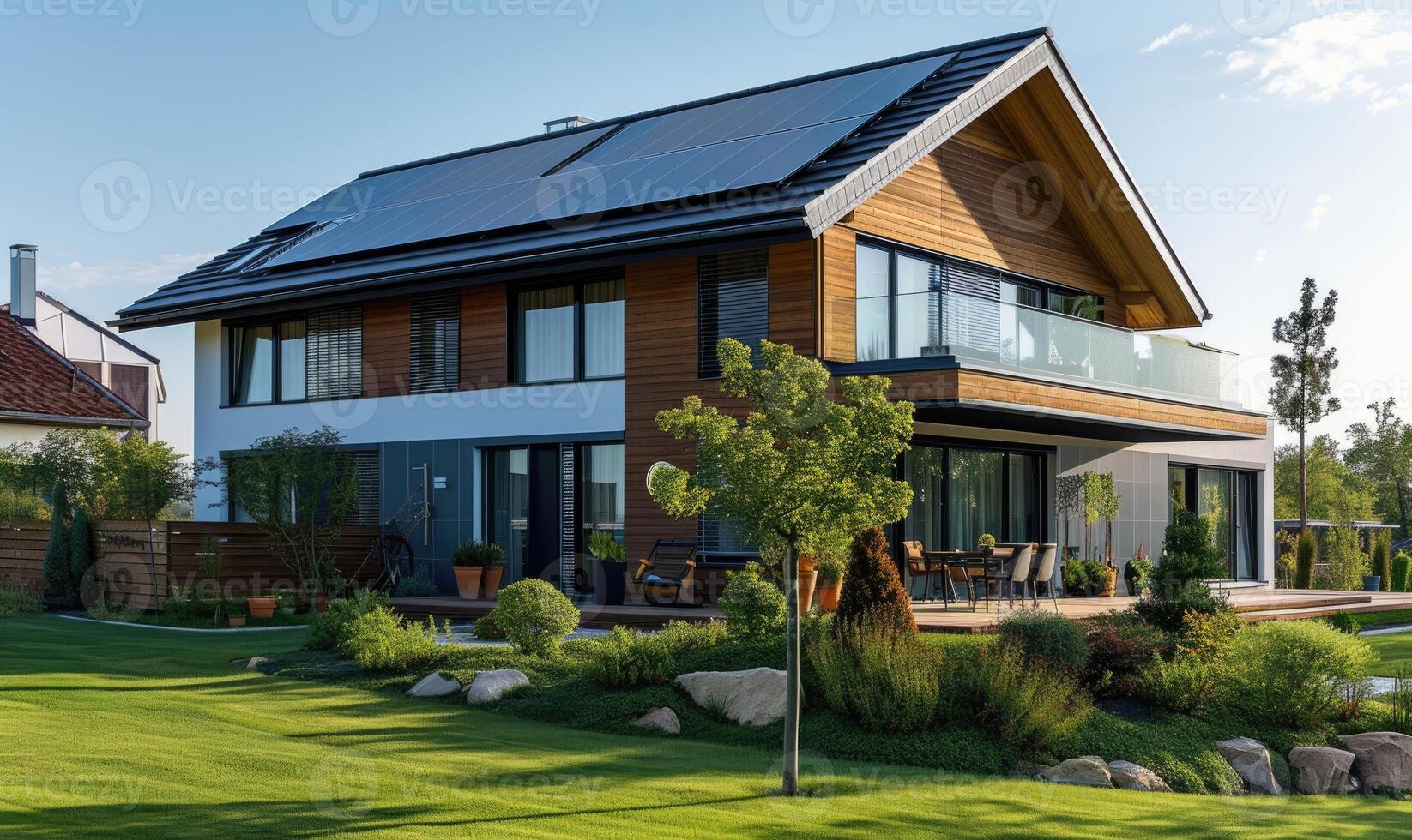 AI generated Modern house with solar panels installed on the roof. Modern house with solar panels installed on the roof. photo