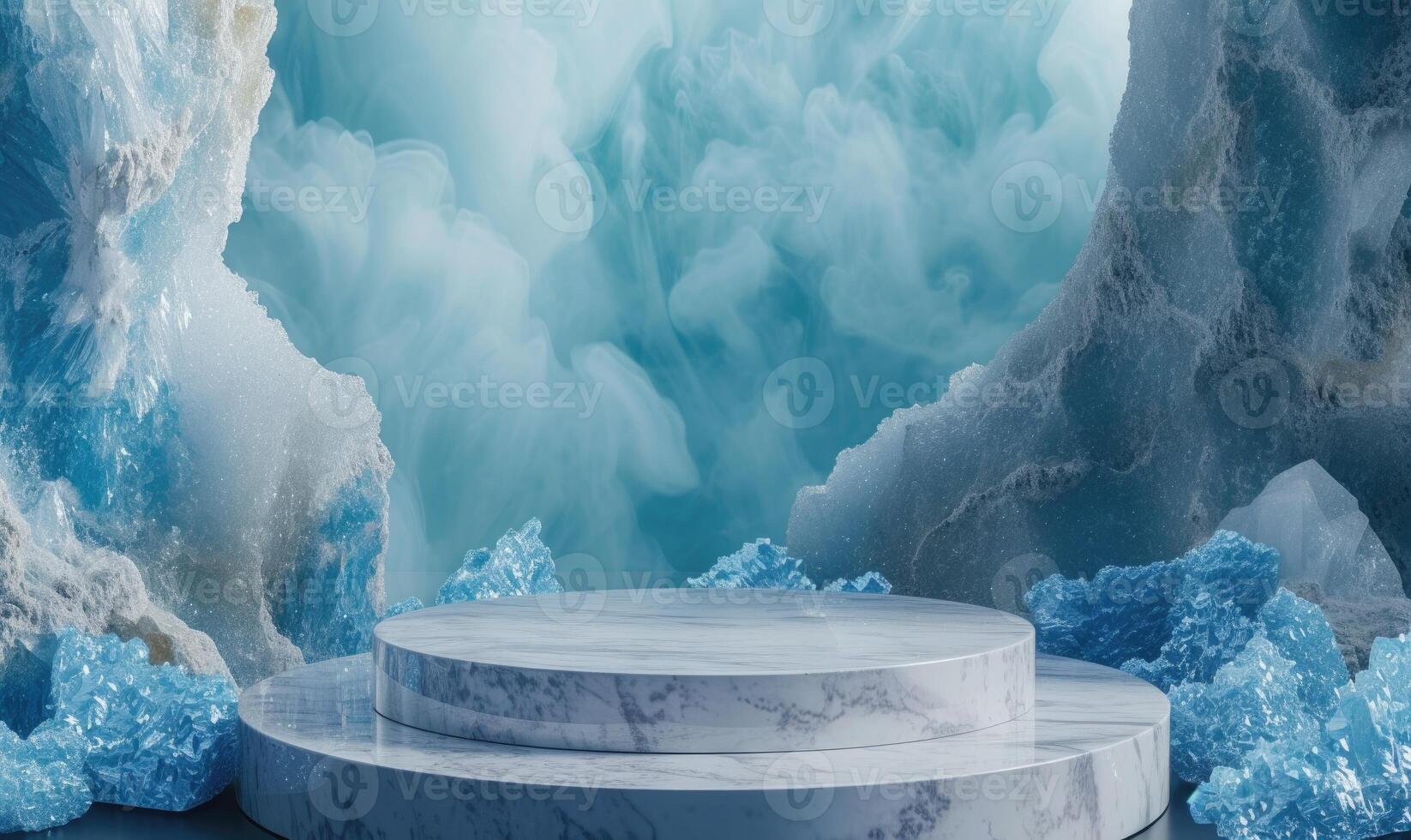 AI generated Abstract background with blue marble podiums. White marble podium and blue geode textured background photo