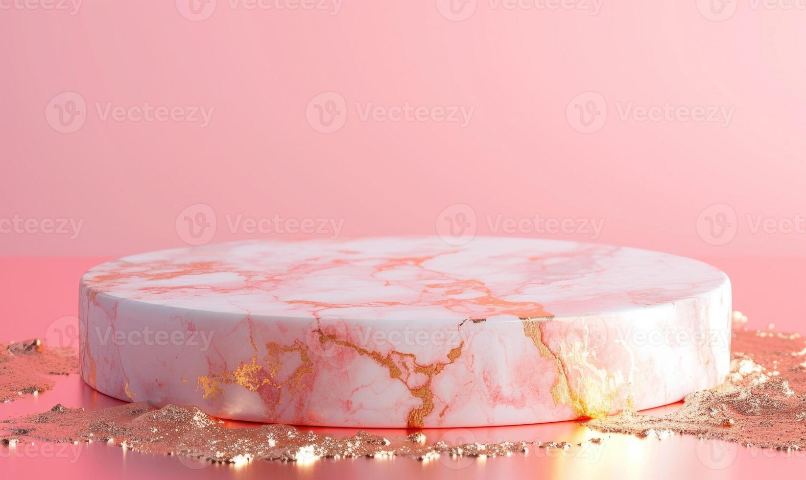 AI generated Pink marble podium with shadow of leaves and rose quartz texture background photo