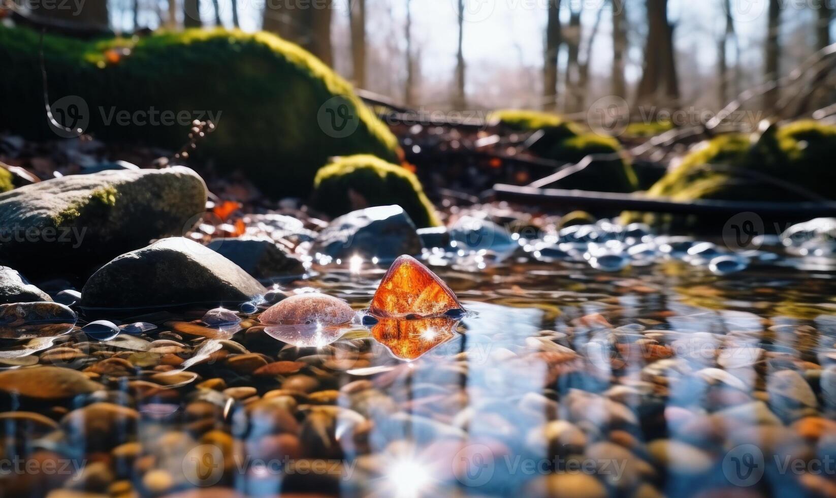 AI generated Frozen water in the forest with ice cubes and pebbles. Early spring landscape photo