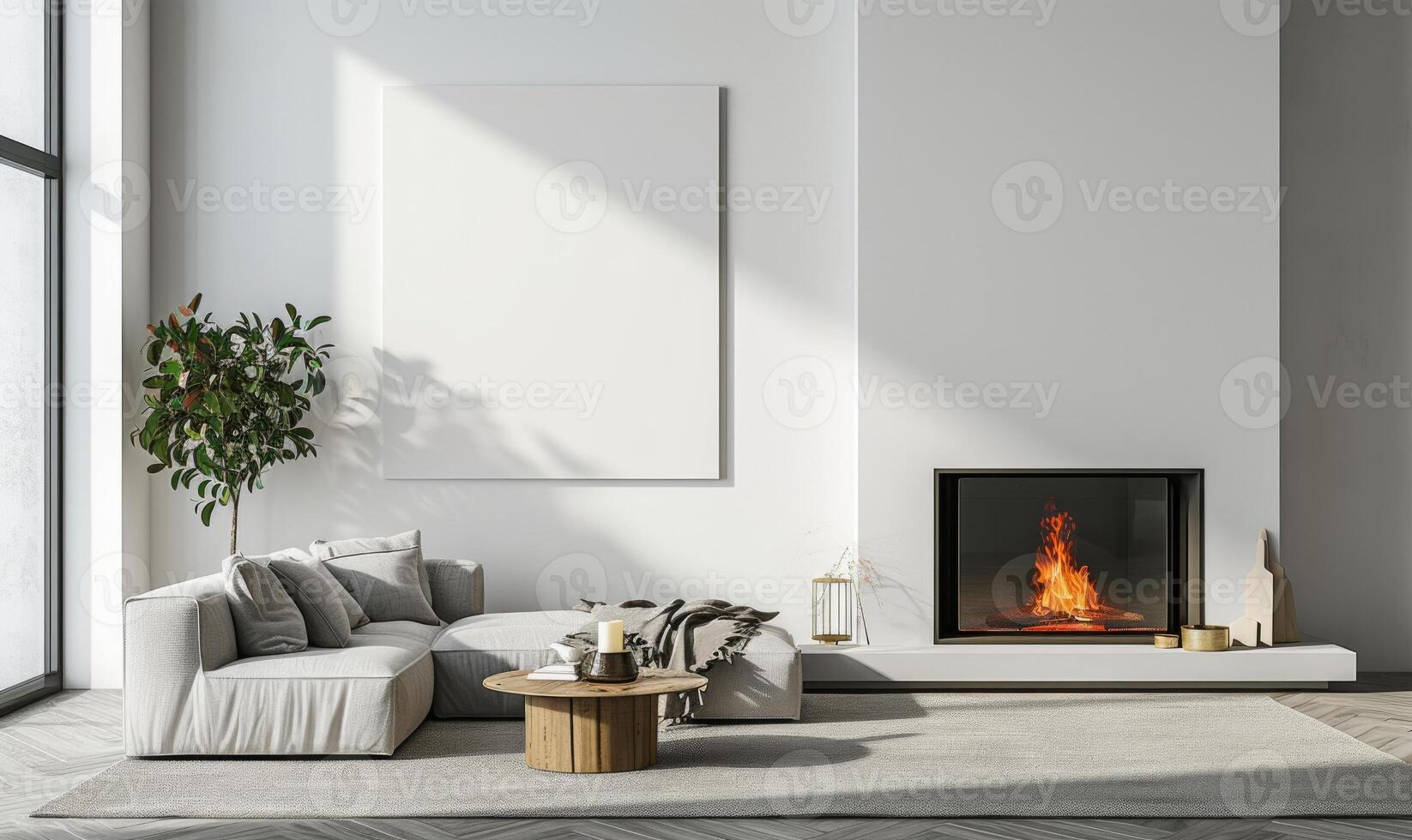 AI generated Interior of modern living room with white walls, concrete floor, comfortable sofa with cushions, coffee table and mock up poster frame photo