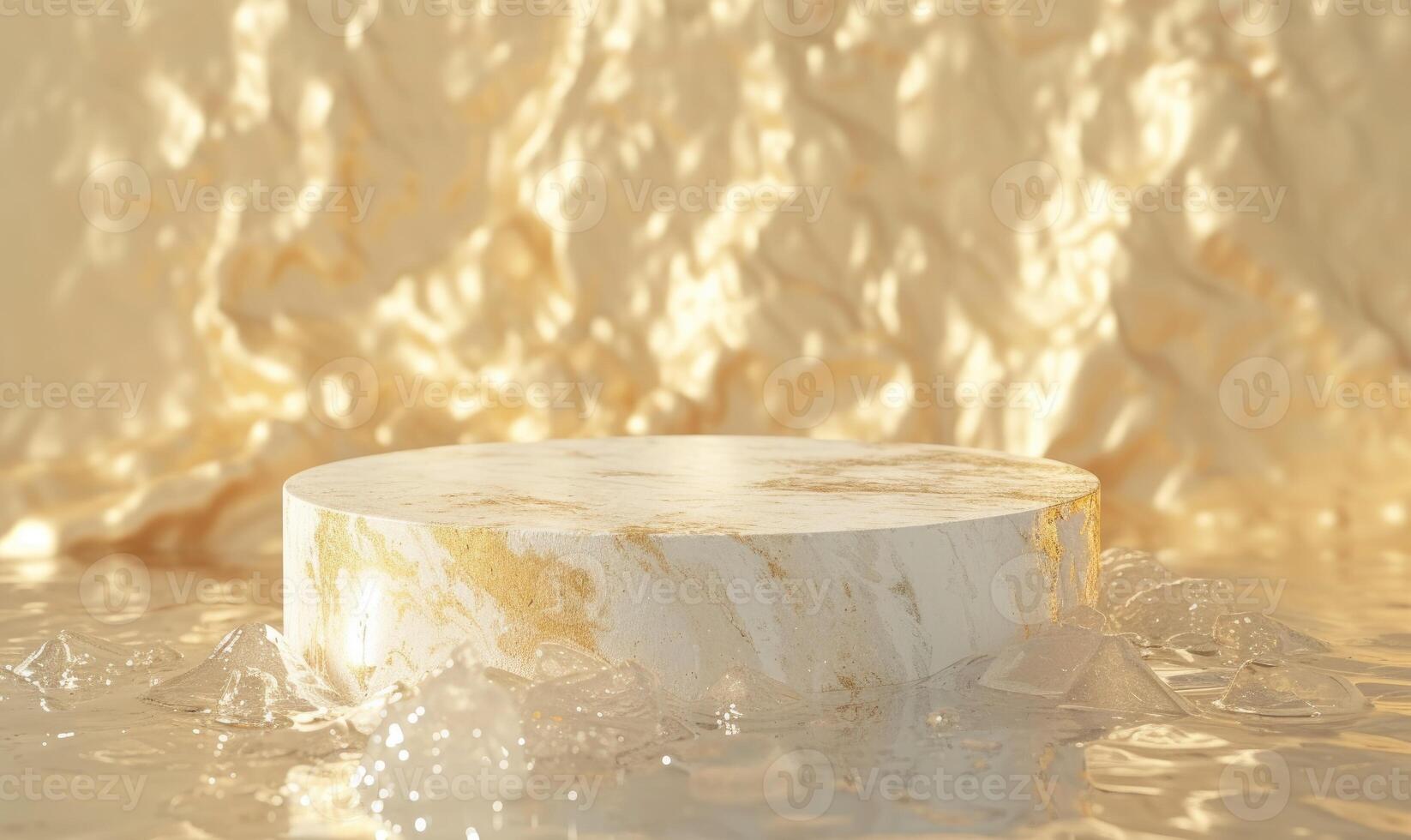 AI generated White marble podium on foggy background. Mock up for product presentation. photo