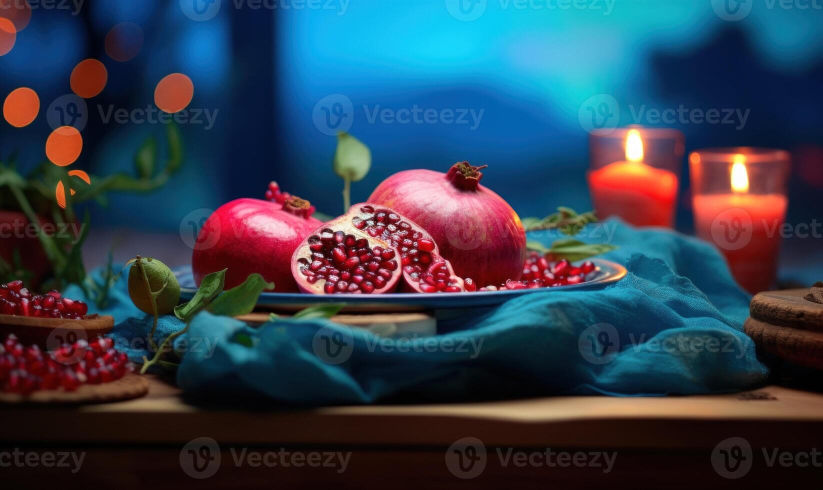 AI generated Ripe pomegranate fruit on a wooden background. Selective focus. photo