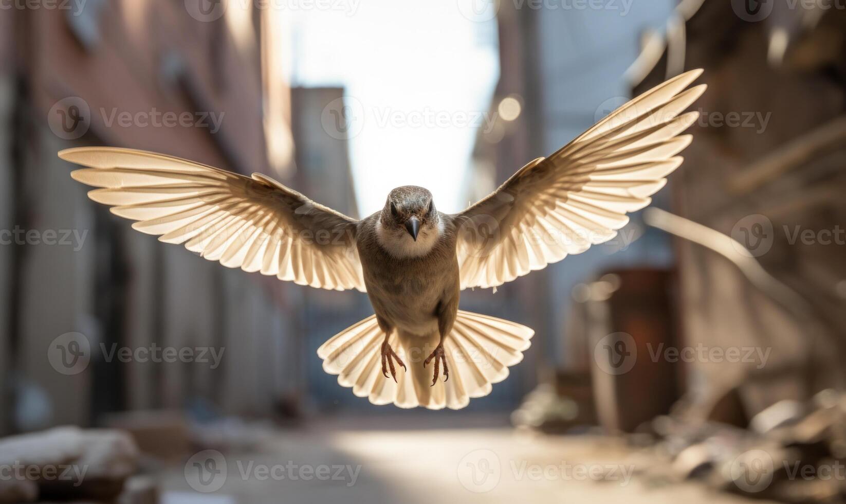 AI generated A sparrow flies in the air on a background of buildings. photo