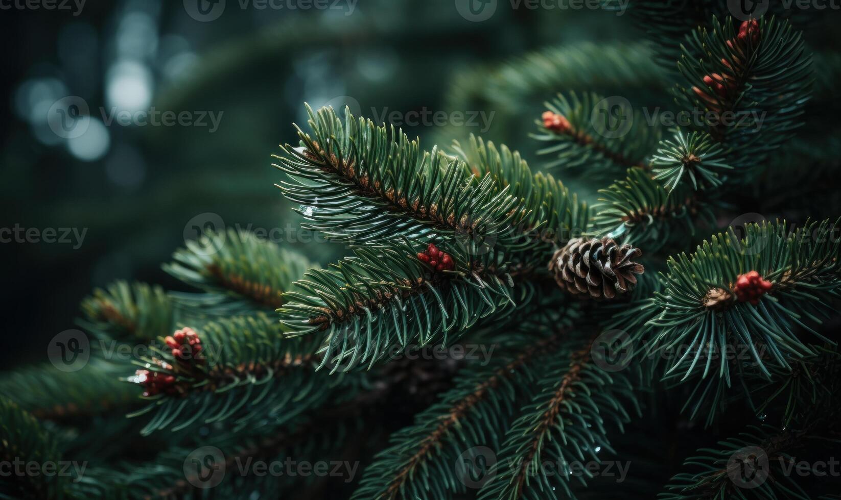 AI generated Spruce branches with cones and red berries. Blurred background. photo