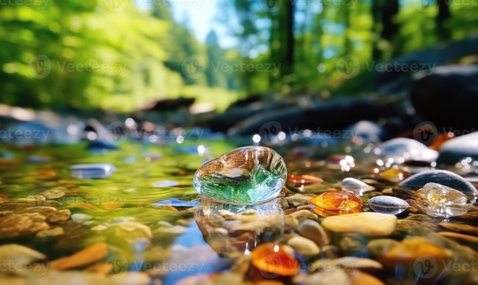 AI generated Stream in the forest. Beautiful early spring landscape with a river and stones. photo