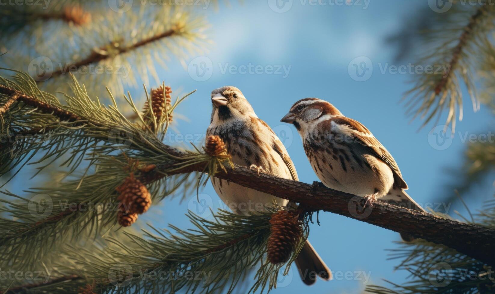 AI generated Sparrows sitting on a branch of a pine in the spring photo