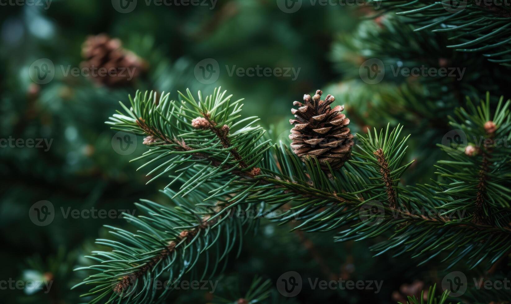 AI generated Spruce branches with cones. Blurred background. photo