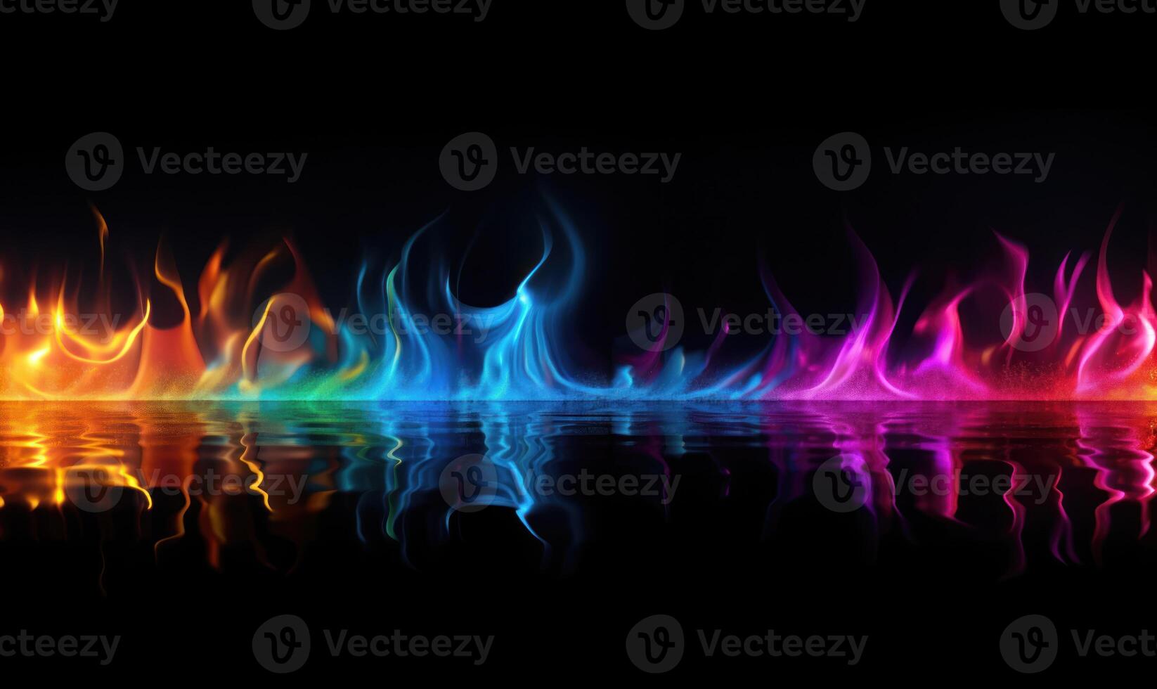 AI generated abstract fire flames on black background with reflection in water. photo
