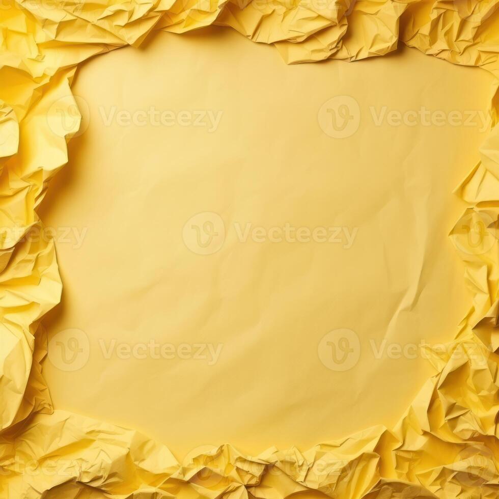 AI generated Yellow creased crumpled paper background grunge texture backdrop. photo