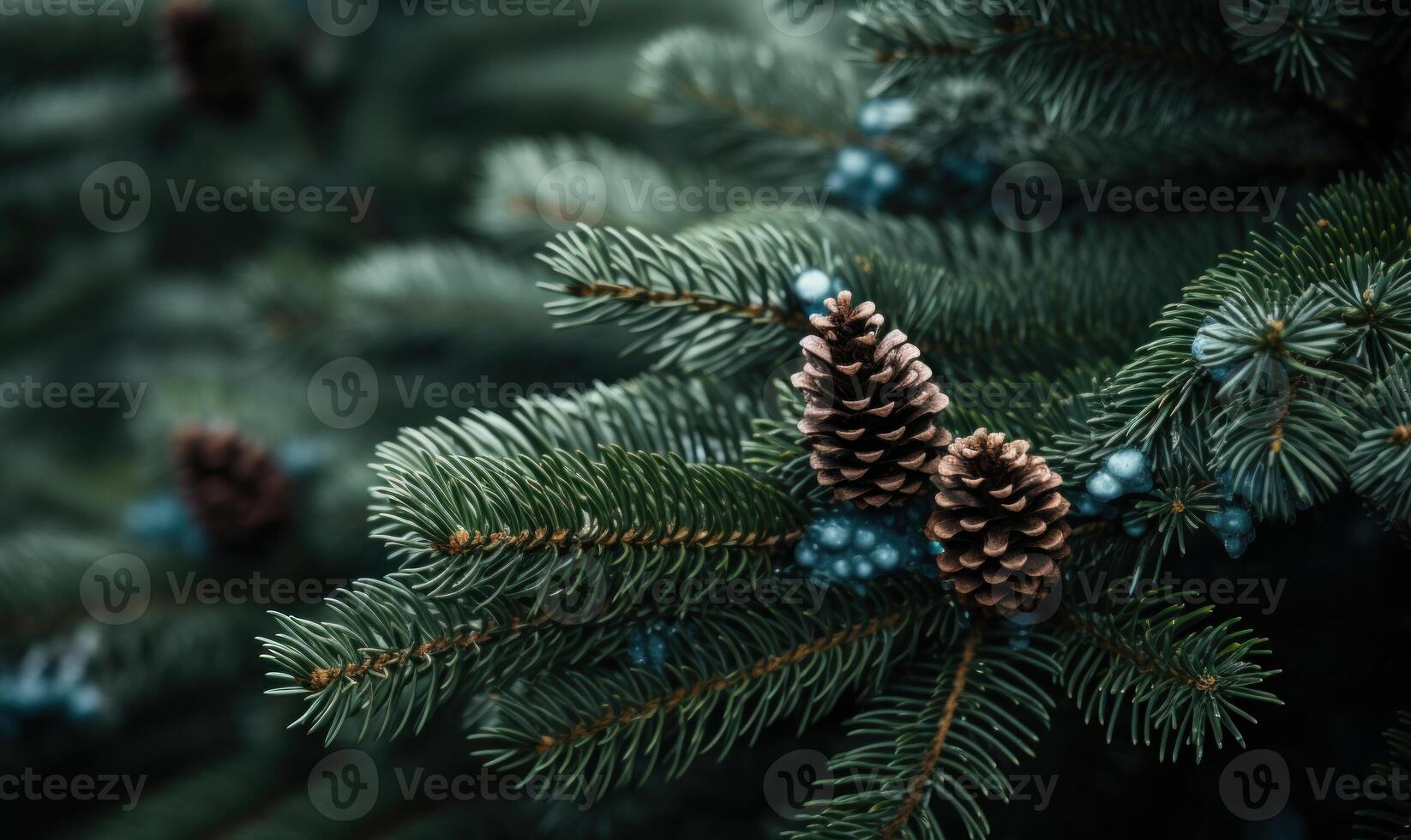 AI generated Spruce branches with cones. Blurred background. photo