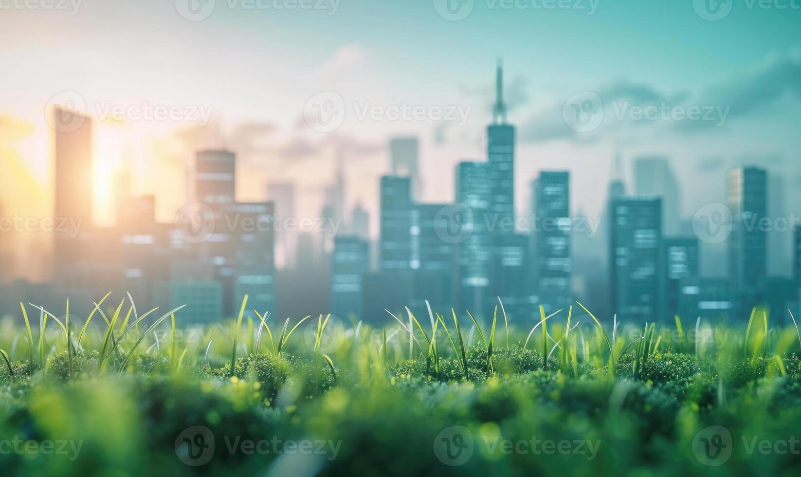 AI generated Green grass and modern city skyline at sunset. Industrial landscape with smoke in the air at sunset. photo