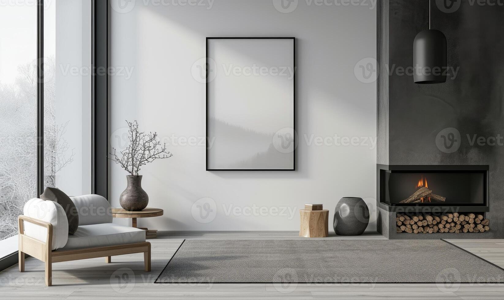 AI generated Interior of modern living room with white walls, concrete floor, comfortable sofa with cushions, coffee table and mock up poster frame photo
