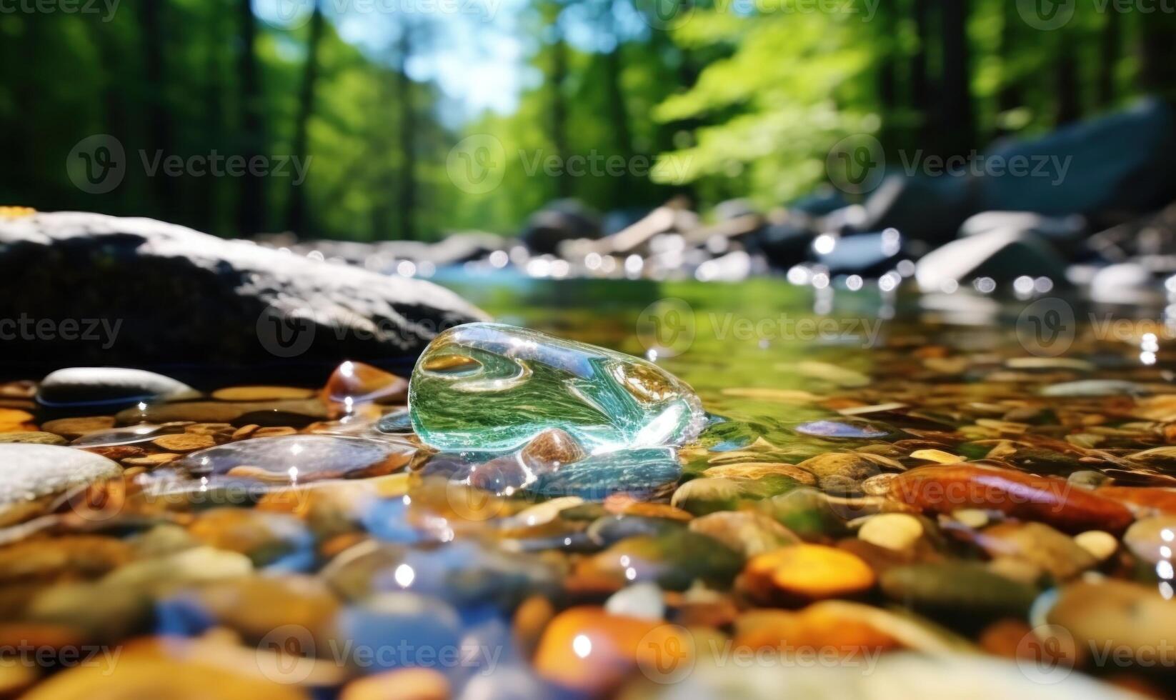 AI generated Stream in the forest. Beautiful early spring landscape with a river and stones. photo