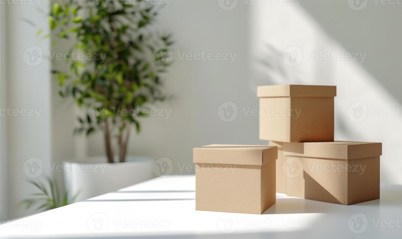AI generated Cardboard boxes on a white table in a light room with green plants. Boxes mockup photo