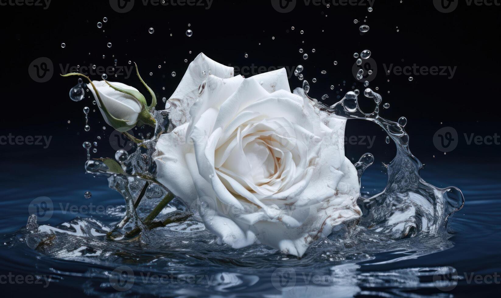 AI generated White rose with water drops on dark background. Water splash with water drops. photo