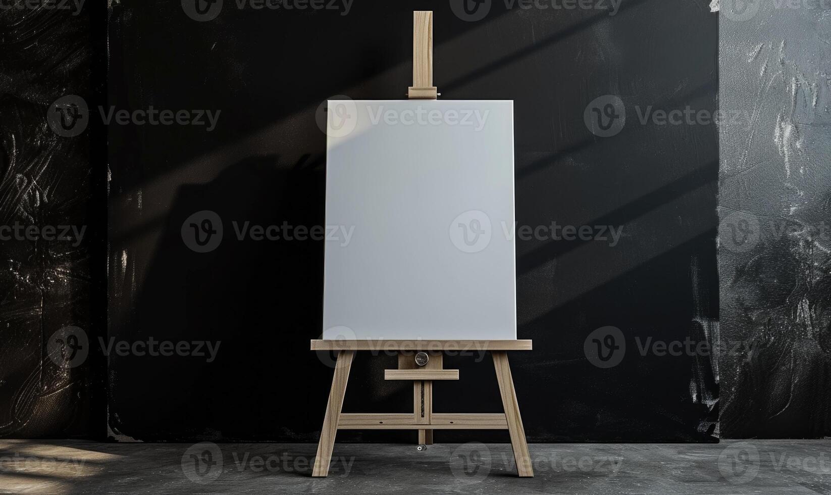 AI generated Wooden easel with blank canvas standing near black wall. Mock up, photo