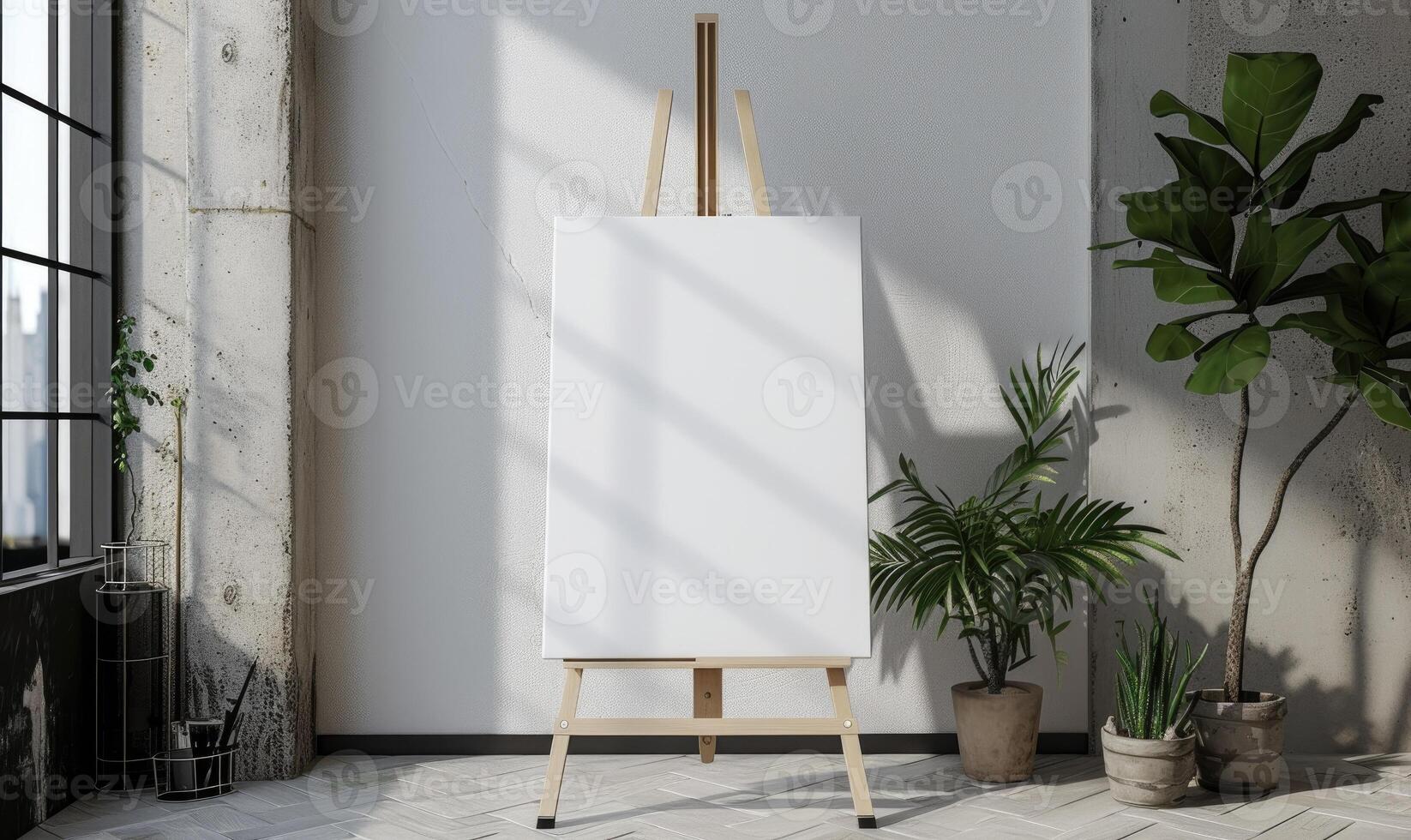 AI generated Wooden easel with blank canvas standing near white wall in modern interior room, mockup photo