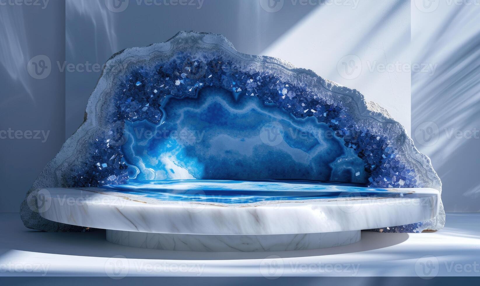 AI generated abstract background, round platform for product presentation. White marble podium and blue geode textured background photo