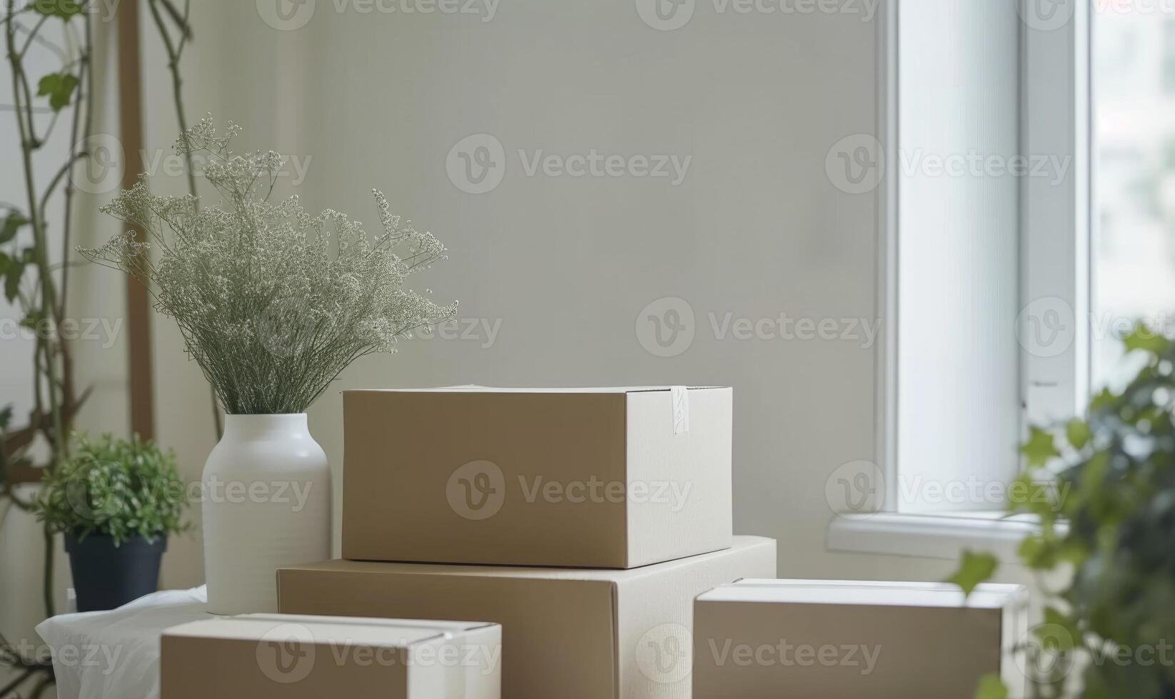 AI generated Moving boxes in empty room with green plants. Space for text. Box mockup on white photo