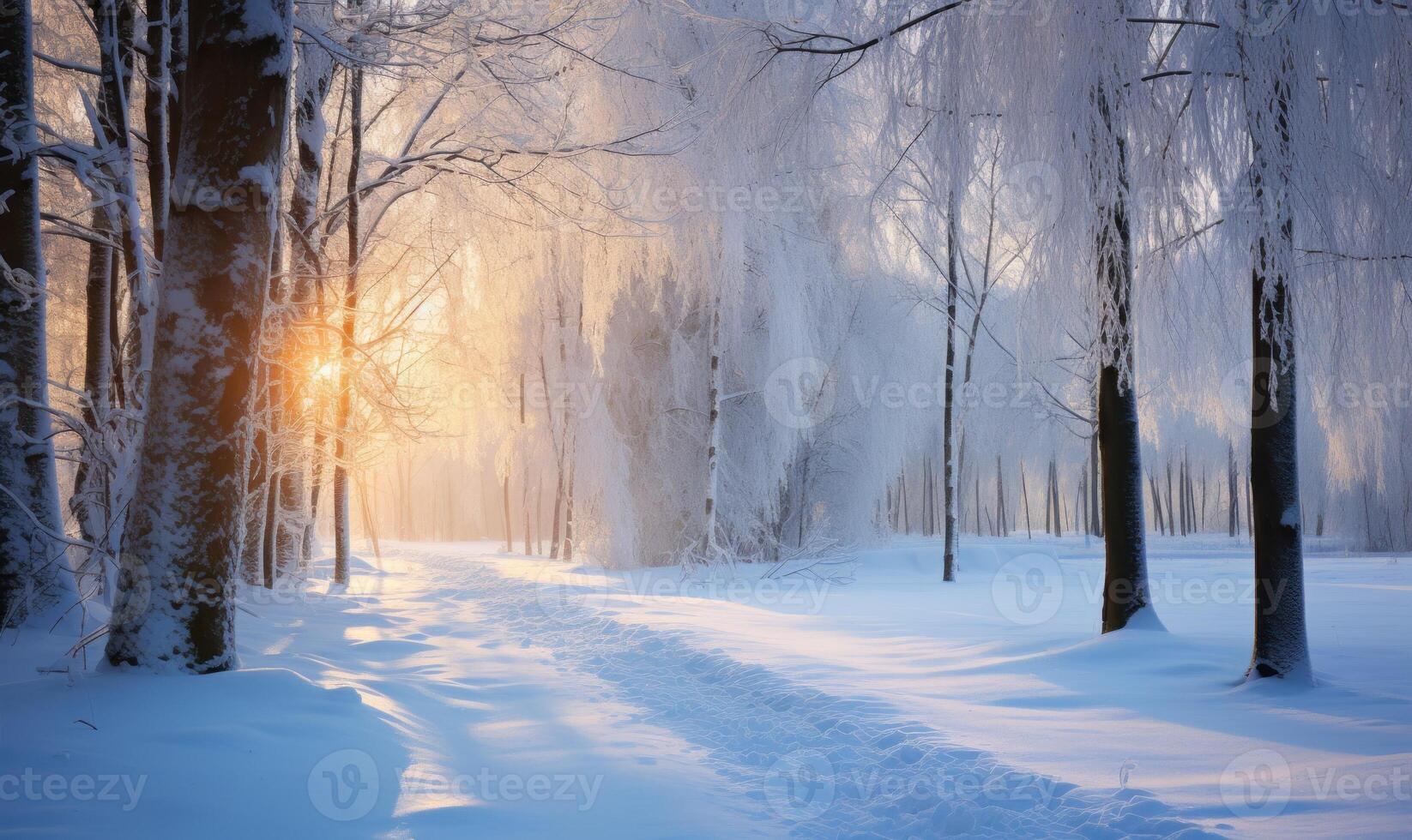 AI generated Beautiful winter landscape with snow covered trees in forest at sunrise. photo