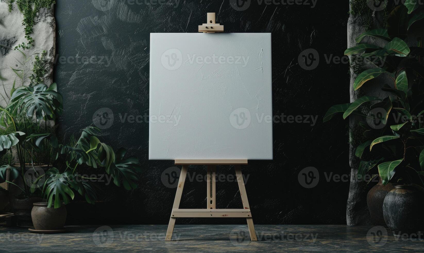 AI generated Wooden easel with blank canvas standing near black wall. Mock up, photo