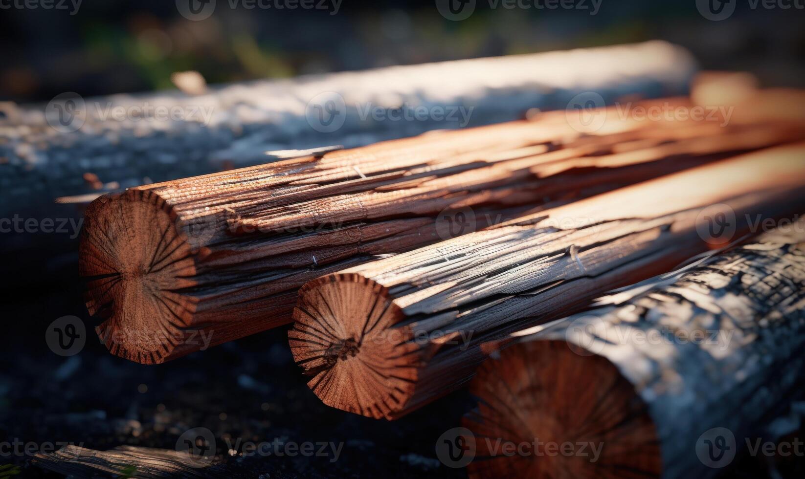 AI generated Wooden logs in the forest, close-up. Natural background photo