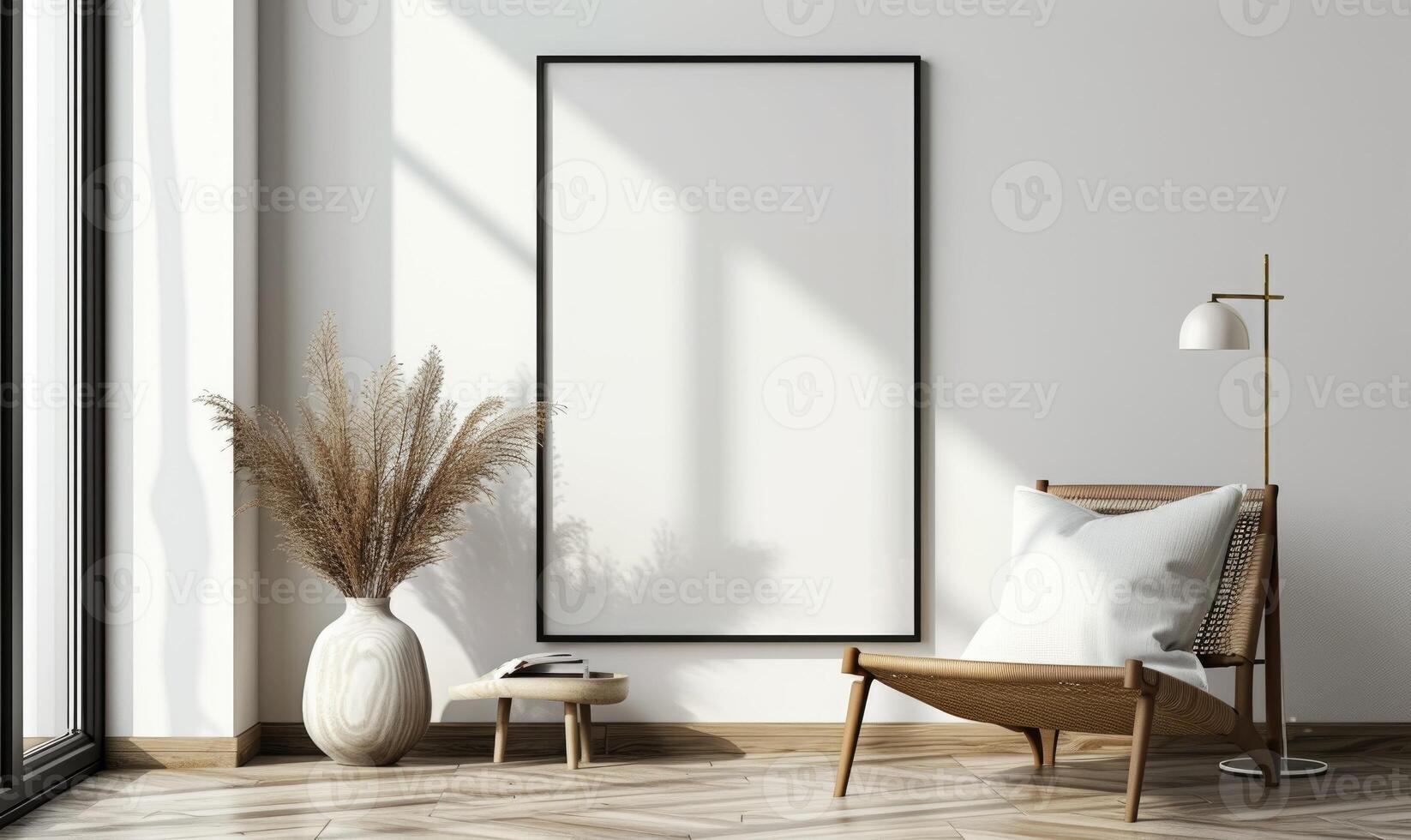 AI generated Living room interior with white sofa, coffee table, coffee table and vertical mock up poster frame. photo