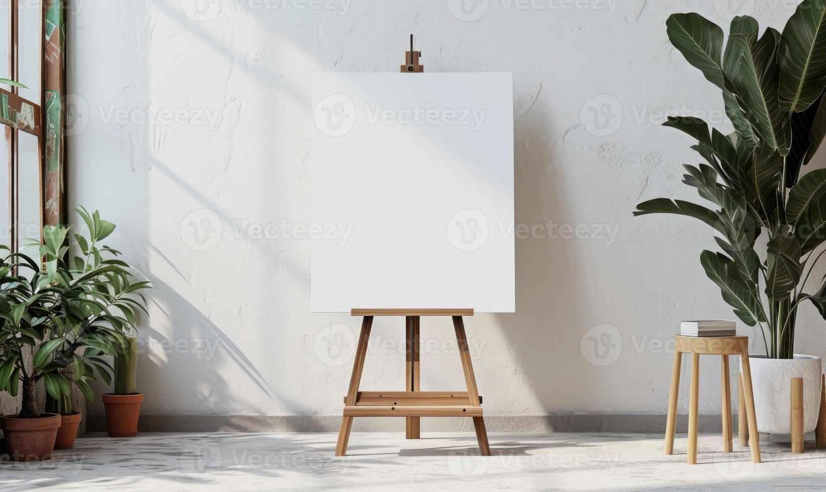 AI generated Wooden easel mockup with blank white canvas standing in lightful room with plants. photo