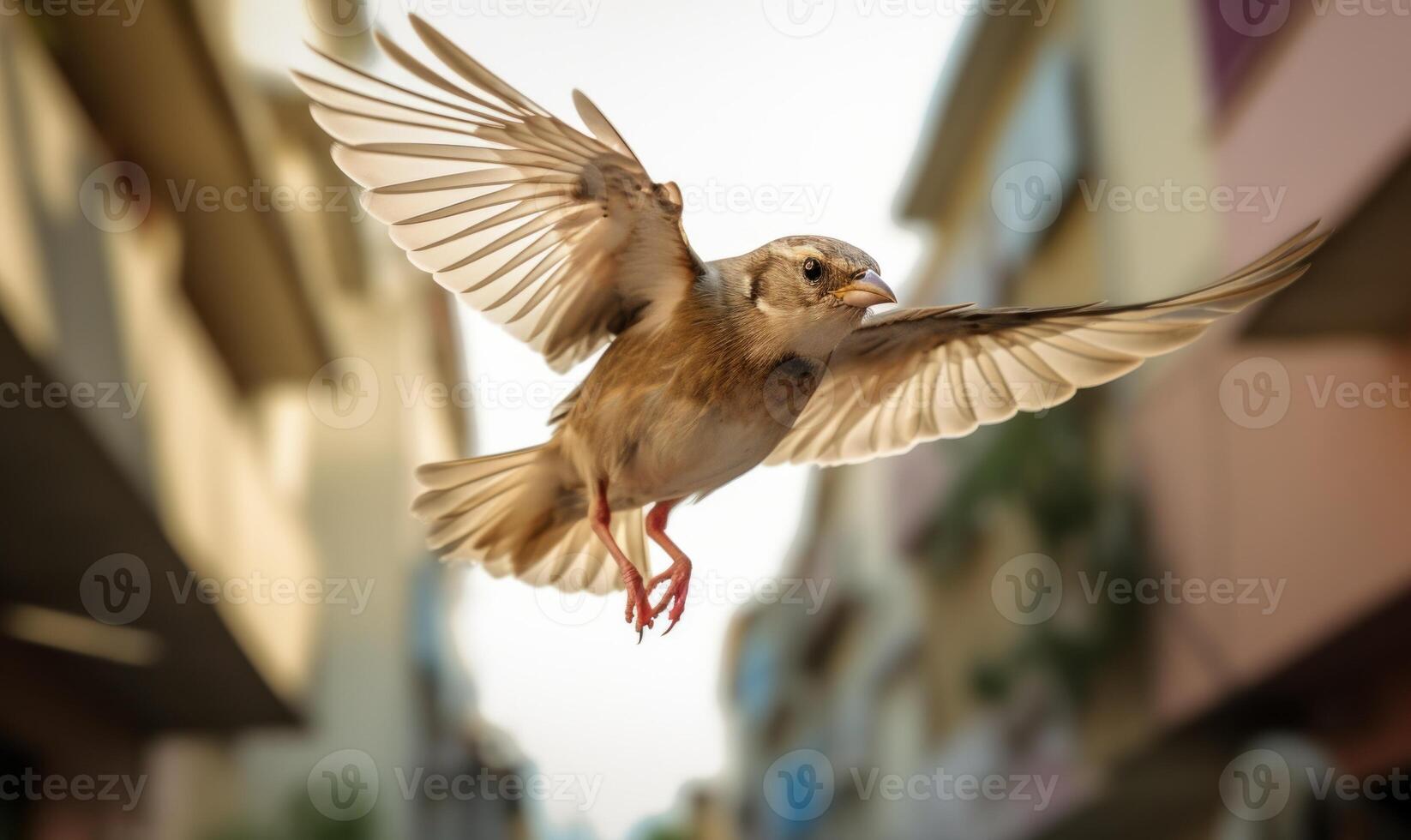 ai generado un pájaro volador a lo largo un urbano calle, iluminado por calentar luz de sol foto