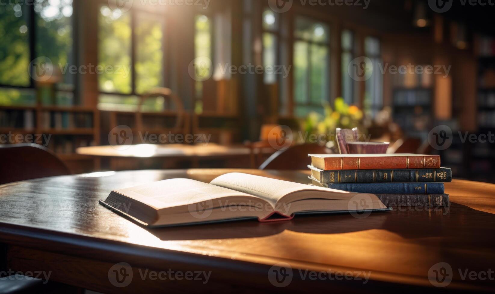 ai generado abierto libro en un de madera mesa en un biblioteca. selectivo enfocar. foto